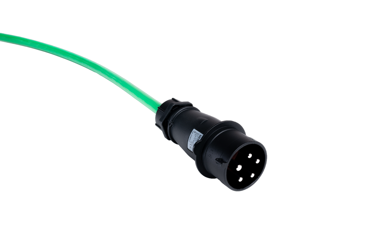 Alu Verlängerungskabel PUR Grün 5x6 konf. Stecker /Kupplung CEE 32A 5pol Schwarz 15m