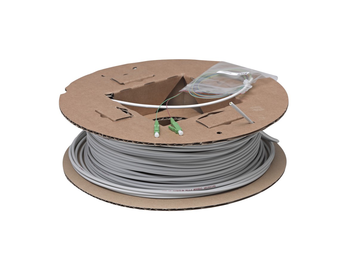 FTTH-Box de câble 4xLC/APC 100m s. OTO Box de câble inhouse pré-confectionné à une extémité 4xLC/APC sans OTO Longueur: 100m