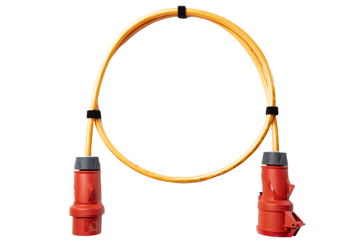 Verlängerungskabel PUR 5x1.5 orange à 25m 
konfektioniert mit CEE Stecker 16A 5P 400V vernickelt / CEE Kupplung 16A 5P 400V vernickelt StarTOP 
Beschriftung: diamantbohr.com - diamcoupe.com