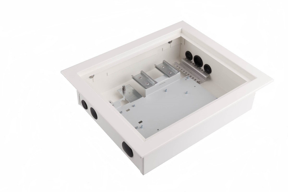 HAK  6 H V4 Caisson de raccordement hybride encastré avec plaque de base Cu montée dans le boîtier, sans modules de raccordement Cu, sans cassettes d’épissage FO, pour un maximum de 6 UU (rac-cordement FO du bâtiment compris)