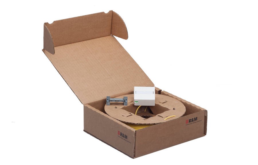 FTTH AP/UP Dose weiss, 2x LC duz Kupplung mit Innenkabel 4 fasrig, A: 4x LC APC 8°, grün, B: -, G657A, C, Dca Innenkabel 4×9/125-G657A, gelb, Ø 2,3 mm, Länge 30m