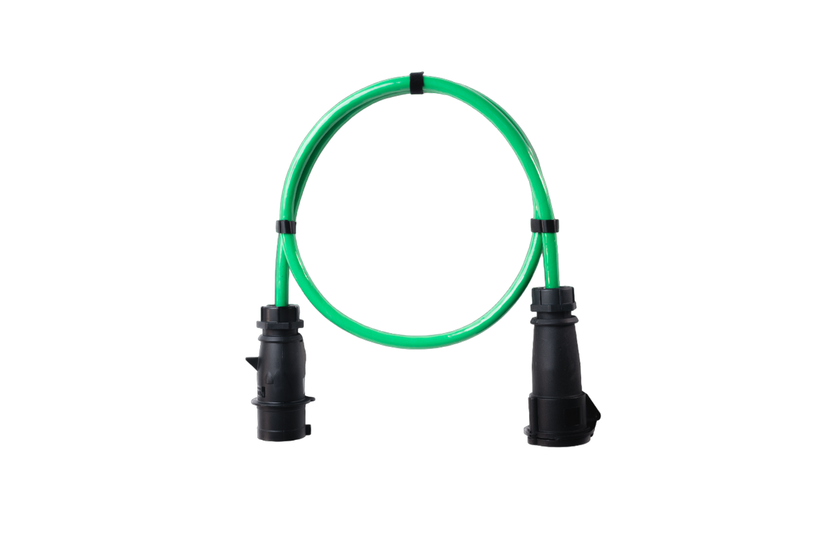 Alu Verlängerungskabel PUR Grün 5x6 konf. Stecker /Kupplung CEE 32A 5pol Schwarz 15m