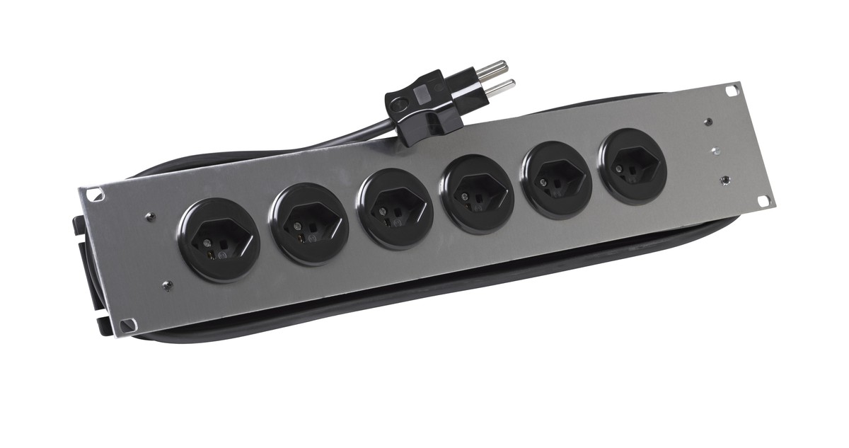 19"" Steckdosenleiste  2HE alu 6xT13 schwarz, mit Schalter AL: 3m Td 3x1 / T12 sw